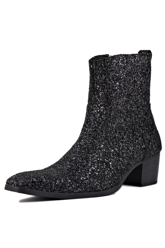Dress Boots Glitter Chukka Boots for Men Zipper-up Leather Casual Heel Shoes JY022-Glitter-Black-7 Glitter Black