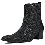 OSSTONE Dress Boots Glitter Chukka Boots for Men Zipper-up Leather Casual Heel Shoes JY022-Glitter-Black-7 Glitter Black