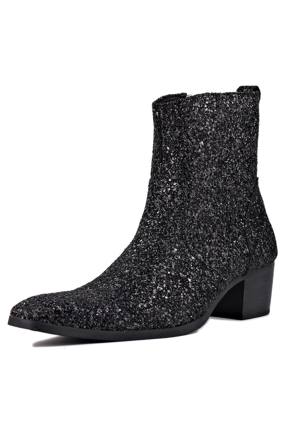 Dress Boots Glitter Chukka Boots for Men Zipper-up Leather Casual Heel Shoes JY022-Glitter-Black-9 Glitter Black