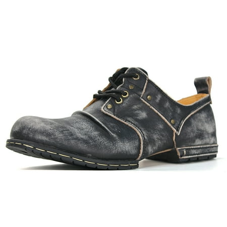 OSSTONE Moto Boots Chukka Boots for Men Fashion Lace-up Leather Casual Shoes 6015-1-E-7 Distressed Black