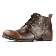 OSSTONE Moto Boots Chukka Boots for Men Fashion Lace-up Leather Casual Shoes 6015-2-Retro Brown-7 Retro Brown