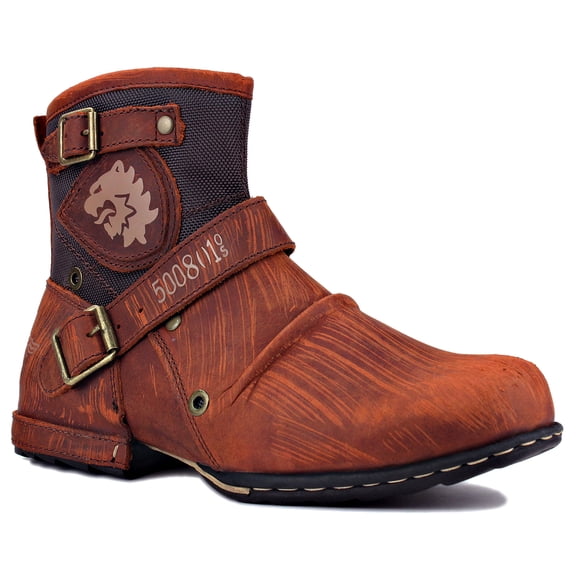 OSSTONE Moto Boots Chukka Boots for Men Fashion Zipper-up Leather Casual Shoes 5008-1-A1-13 Retro Red