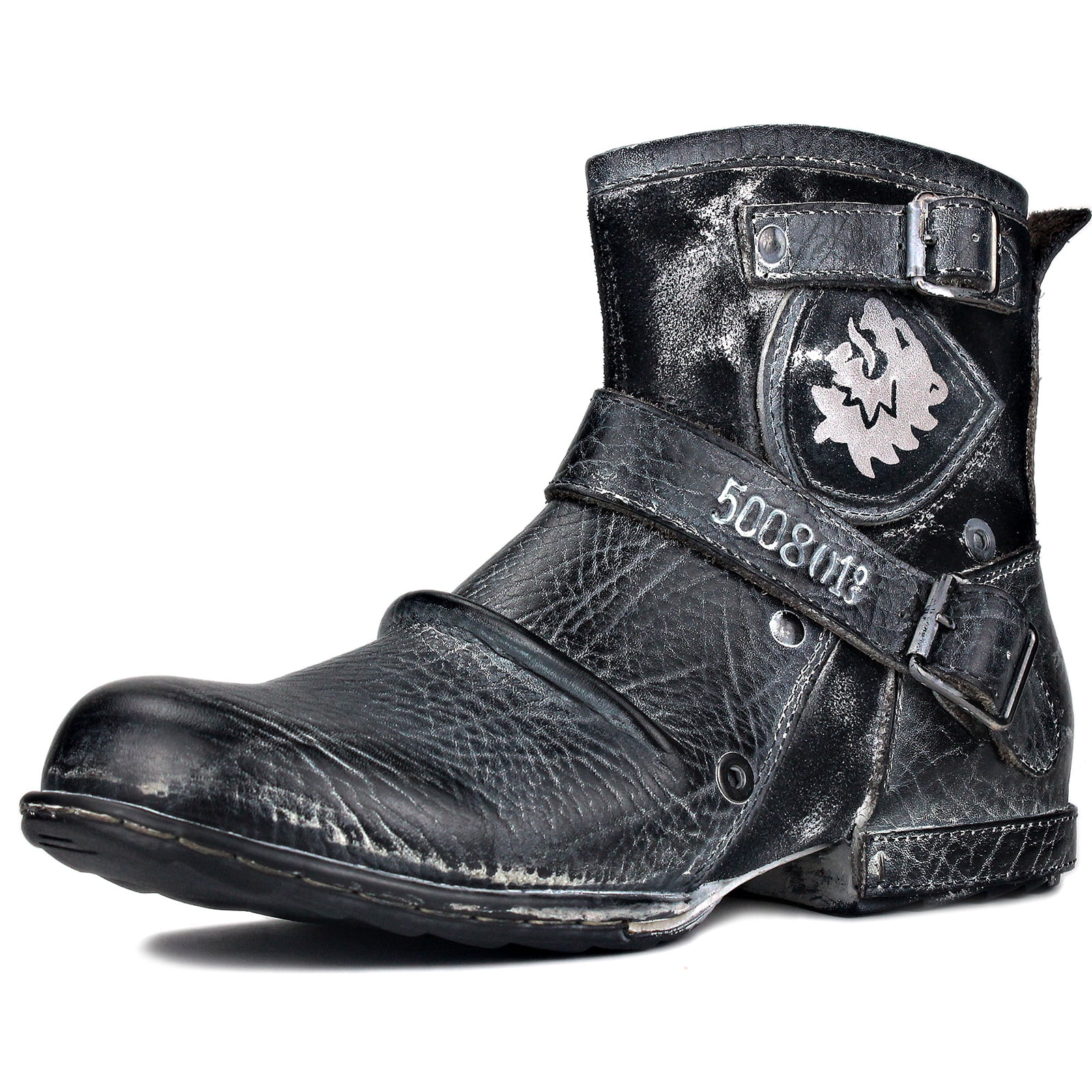 OSSTONE Men's Moto Boots - Leather Chukka Western Boots With Zipper, Casual Snow Black