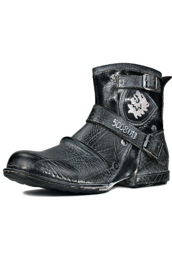 Moto Boots Chukka Boots for Men Fashion Zipper-up Leather Casual Shoes 5008-1-AI-12 Snow Black