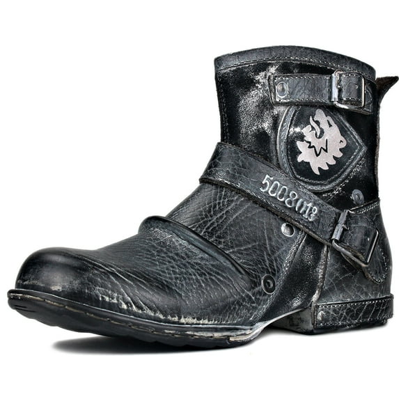 OSSTONE Moto Boots Chukka Boots for Men Fashion Zipper-up Leather Casual Shoes 5008-1-AI-7 Snow Black