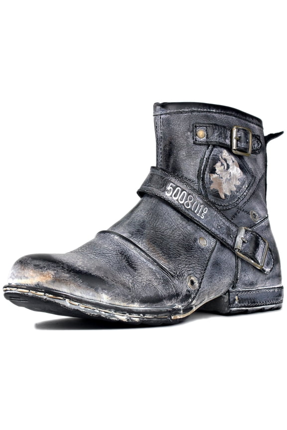 Moto Boots Chukka Boots for Men Fashion Zipper-up Leather Casual Shoes 5008-1-AN-9 Distressed Black