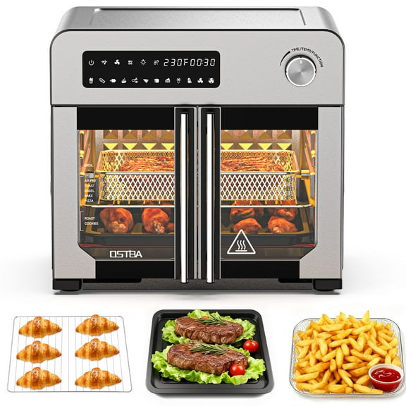 OSTBA 10in1 French Door Air Fryer Toaster Oven Combo, 24QT Countertop Convection Oven with 102 Recipes & 7 Accessories, 30% Faster Cooking, 90% Less Oil, Stainless Steel