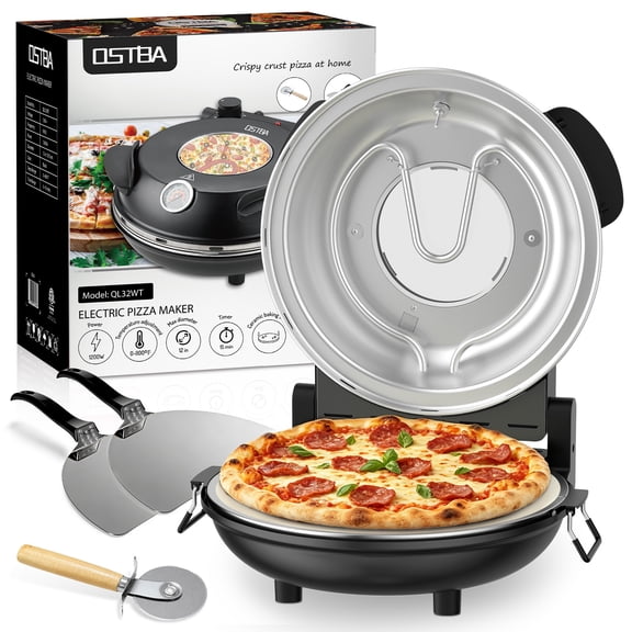 OSTBA 12 Inch Electric Pizza Oven, Countertop Indoor Pizza Maker up to 800F with Ceramic Pizza Stone, Viewing Window, Thermometer, Timer, 2 Pizza Peels and Pizza Cutter, Black