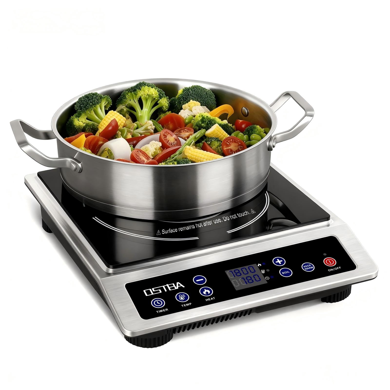 OSTBA 1800W Stainless Steel Induction Cooktop , Professional Commercial Countertop Induction Burner with 10″ Heating Coil, 10 Power Levels, 120–460°F Temp Control, 3-Hour Timer & Keep Warm