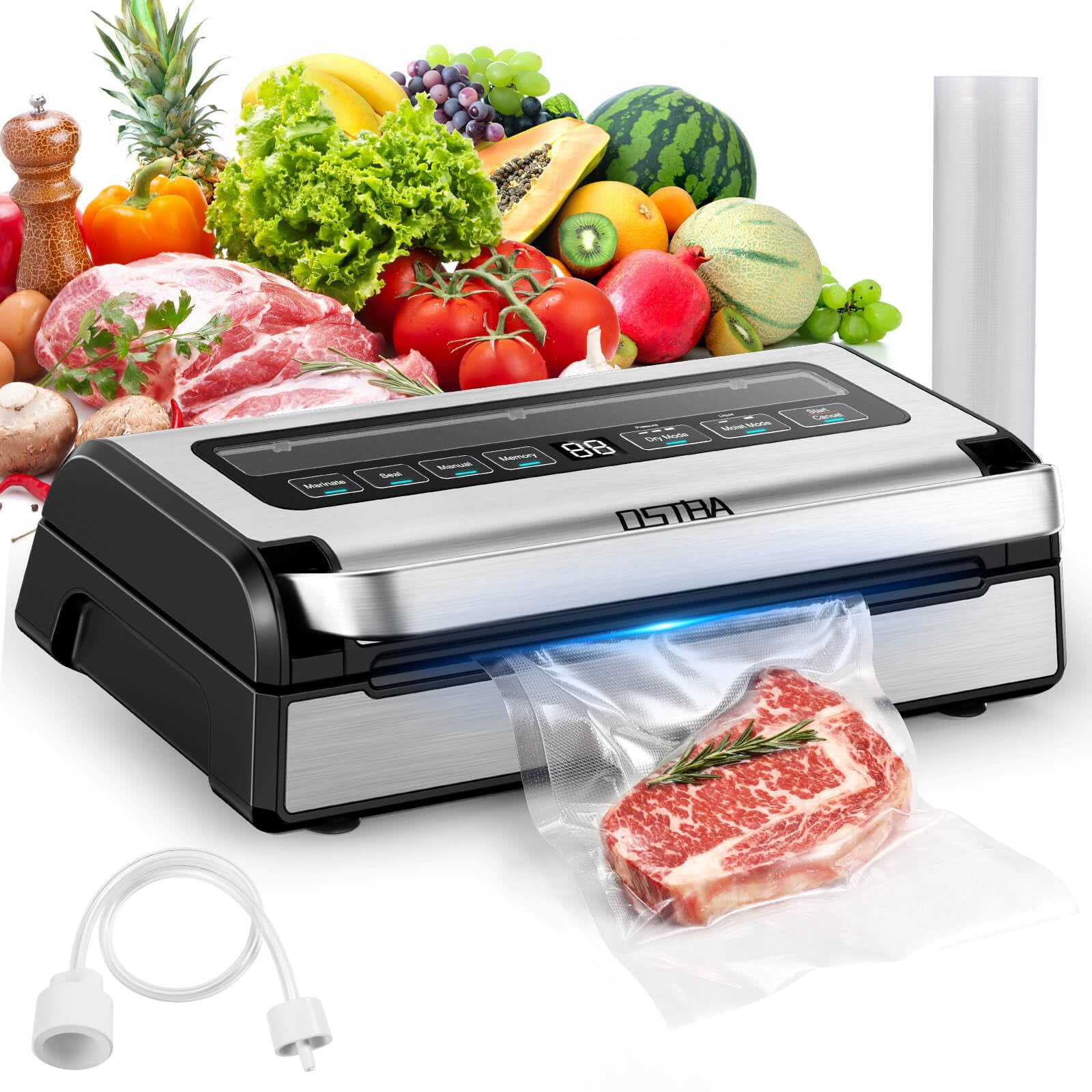 OSTBA 180W Vacuum Sealer Machine, 12-in-1 Dual Pump Food Saver with Built-In Cutter, Bag Storage & Hose, Easy-Lock Handle, Dry/Moist/Marinate, Memory Function, Includes Vacuum Roll & Accessories