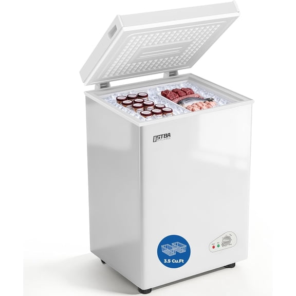 OSTBA 3.5 Cu.Ft Chest Freezer, Compact Deep Freezer with 2 Removable Baskets, Adjustable Temperature Control, Fast Freeze Mode, Energy Efficient, Quiet Operation, White