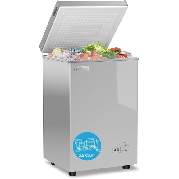 OSTBA 3.5 Cu.Ft Chest Freezer, Compact Deep Freezer with 2 Removable Baskets, Bottom Wheels, 6-Level Temperature Control with Fast Freeze Mode, Energy Saving Quiet Freezer, Silver