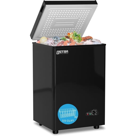 OSTBA 3.5 Cu.Ft Chest Freezer, Compact Deep Freezer with 2 Removable Baskets, Bottom Wheels, 6-Level Temperature Control with Fast Freeze Mode, Energy Saving Quiet Freezer, Black