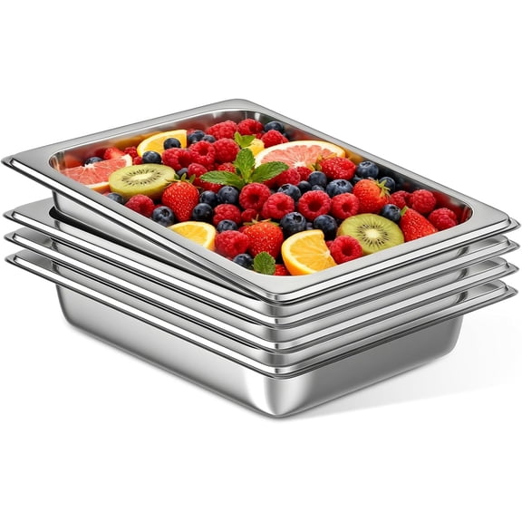 OSTBA 4 Pack Hotel Pans, 1/2 Size 2.5" Deep Stainless Steel Steam Table Pan Full Size, 12.8" L x 10.4" W Anti Jam Buffet Pan for Home, Party, Restaurant, Hotel, Buffet