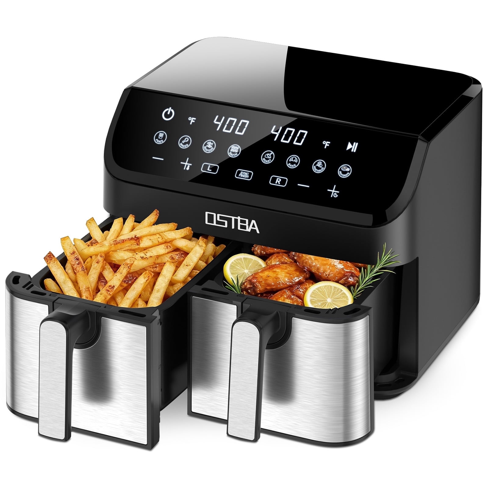 OSTBA 9.5QT Dual Basket Air Fryer, 1700W Double Drawer Air Fryer with Sync Finish, 8-in-1 Presets, Digital Touchscreen, Air Fry, Roast, Bake, Dehydrate, Oil-Free Family Size Cooker, Black