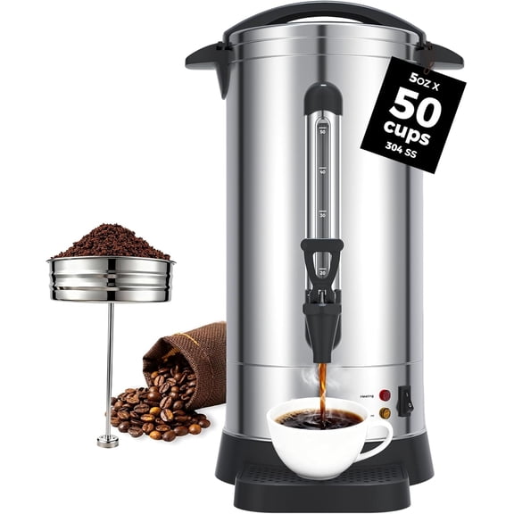OSTBA 950W Commercial Coffee Urn 50 Cup / 8.3L 304 Stainless Steel Percolator Coffee Pot, Double-Wall Hot Water Dispenser Electric Coffee Maker Fast Brewing for Home, Office, Catering & Small Events