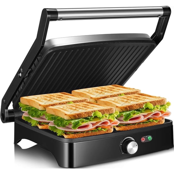 OSTBA APPLIANCE 4-Slice Panini Press & Indoor Grill, 1200W Electric Sandwich Maker, 180 to Fit Any Type or Size of Food, Temperature Control & Drip Tray, Stainless Steel