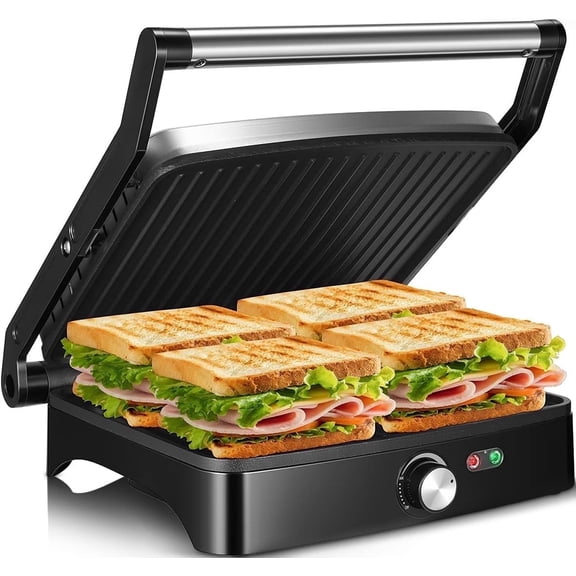 OSTBA Electric Contact Grill and Panini Press, 1200W Indoor Grill with 180° Open Flat Design, Nonstick Double-Sided Heating Plates, Grease Drain Tray for Sandwiches, Burgers, Steak, Chicken