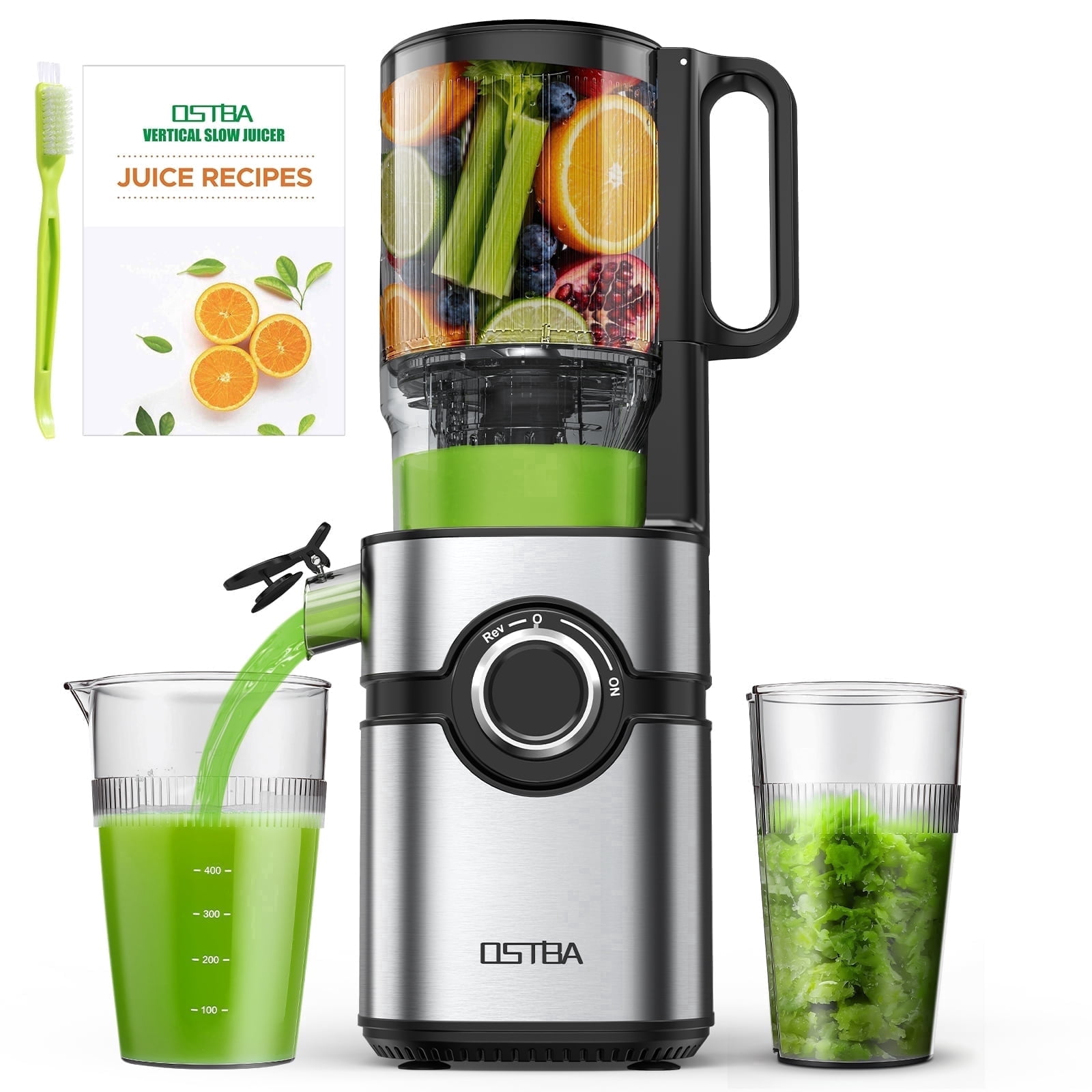 OSTBA Juicer Machine, Cold Press Juicer with Big Wide 5" Chute 1200 ml Juice Cup, Masticating Juicer for Fruits and Vegetables, High Juice Yield, Easy to Clean