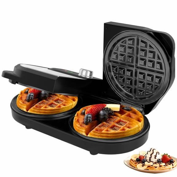OSTBA Double Waffle Maker, 1400W Belgian Waffle Maker, 6 Inch Waffle Iron with 2 Independent Adjustable Temp Knobs & Indicator Lights, Easy-Clean Nonstick Plates, Stainless Steel, Black