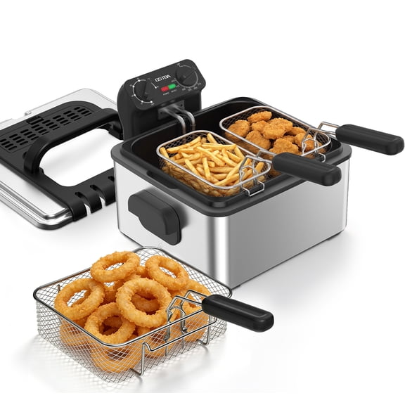 OSTBA Electric Deep Fryer with 3 Baskets, 1700W Stainless Steel Countertop Fryer, Adjustable Temperature, Easy Clean Removable Oil Tank, with Lid & Viewing Window, for Chicken, Fries & Fish
