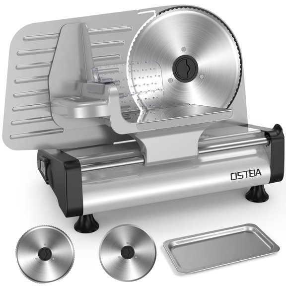 OSTBA Electric Meat Slicer for Home Use, 200W Powerful Deli Food Slicer with Dual 8.7" Removable Stainless Steel Blades (Serrated + Smooth), 0-15mm Precise Adjustable Thickness