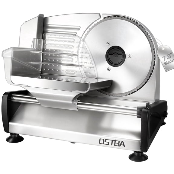 OSTBA Electric Meat Slicer, 150W Food Slicer with 7.5-Inch Stainless Steel Blade, Adjustable Thickness, Child Lock Protection, Removable Food Carriage for Meat, Cheese & Bread