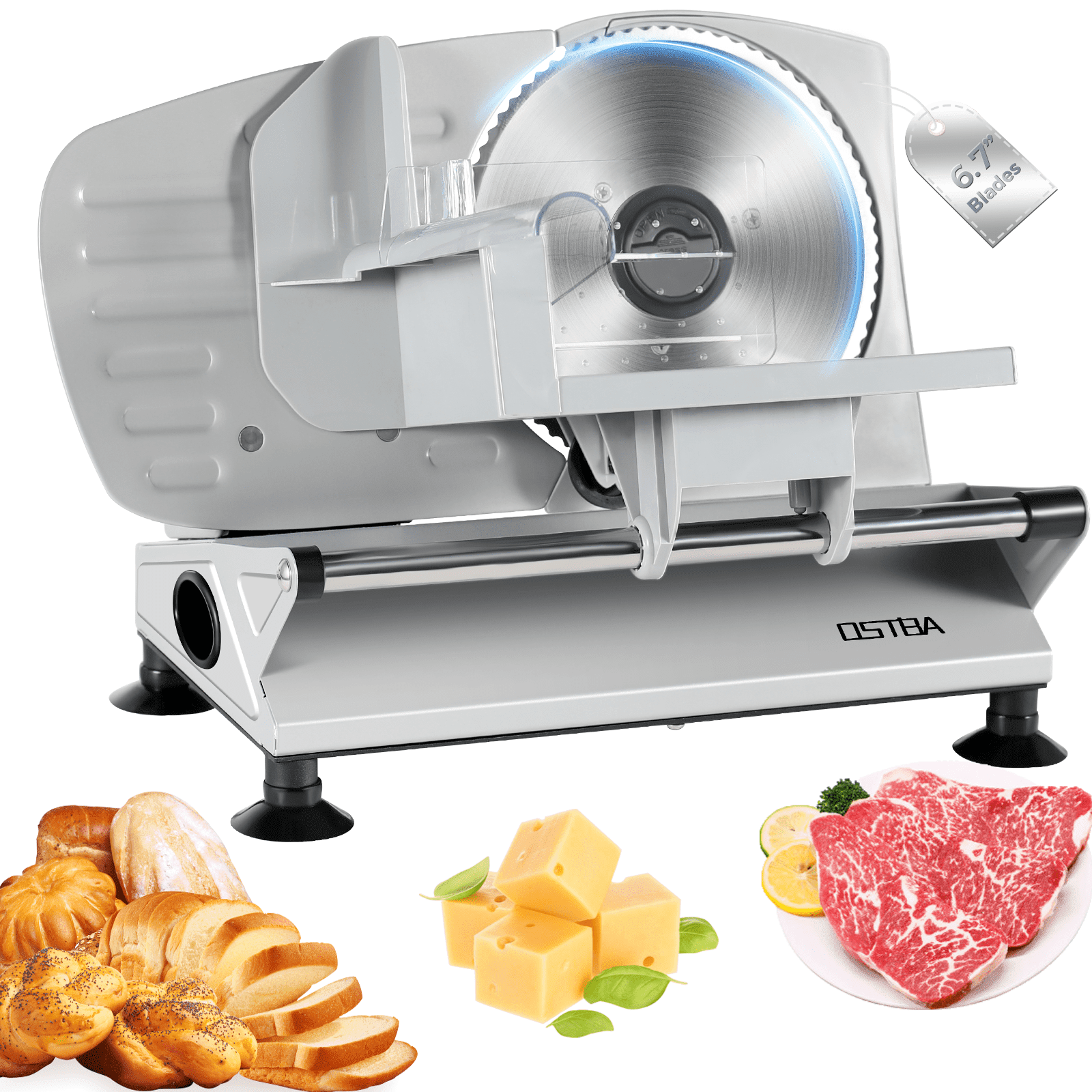 OSTBA Meat Slicer Machine for Home, Electric Deli Food Slicer with Removable 6.7” Stainless Steel Blades, 0-15mm Adjustable Thickness, Easy to Clean, 150W, Ideal for Cold Cuts, Cheese, Bread, Fruit