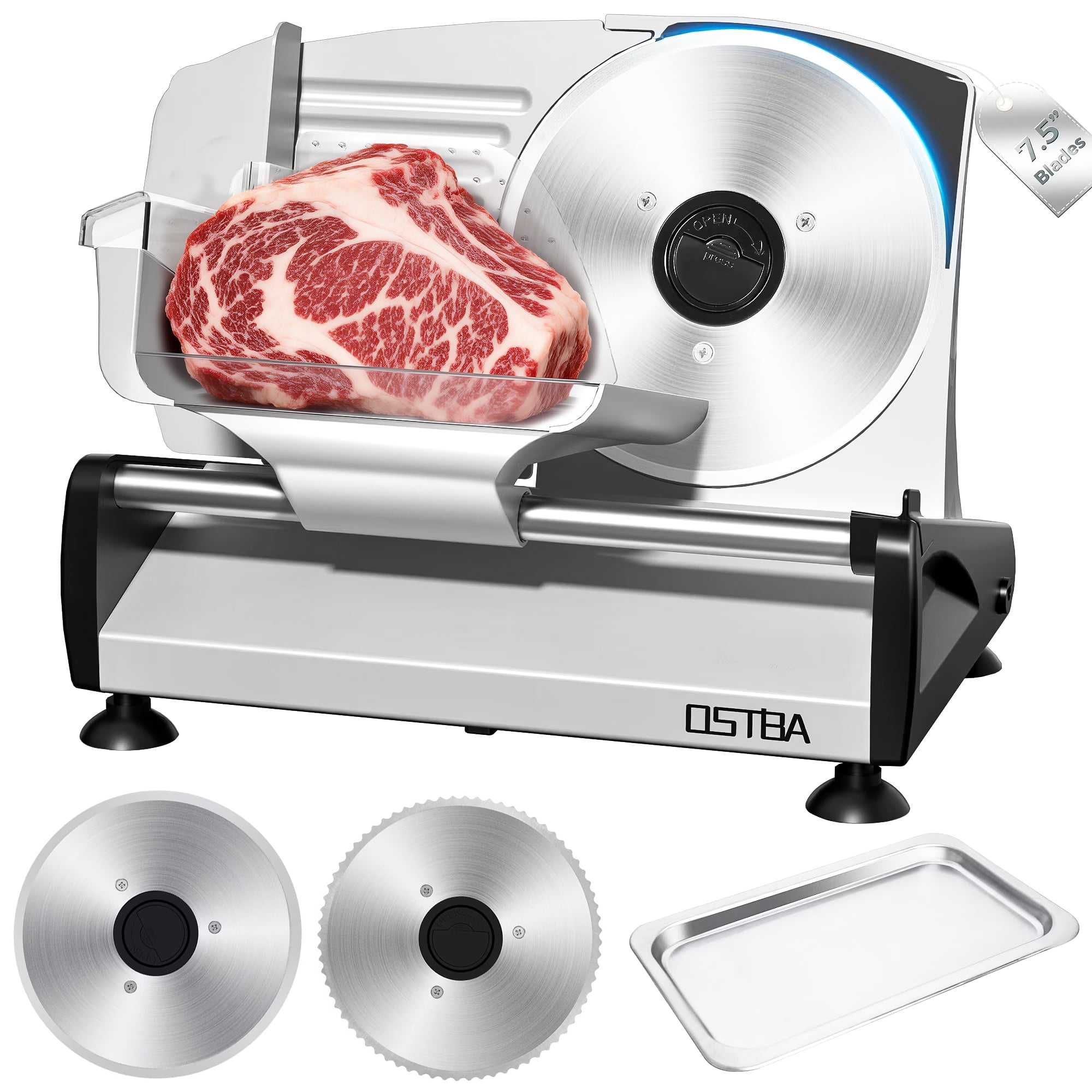 OSTBA Meat Slicer with Quiet DC Motor, 200W Electric Deli Slicer, Dual 7.5'' Stainless Steel Blades, 0-15mm Adjustable Thickness, Easy to Clean, Ideal for Meat, Cheese, Bread, and Vegetables