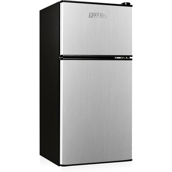 OSTBA Mini Fridge with Freezer - 3.2 Cu.ft 2-Door Upright Freezer, Compact Refrigerator with 2 Removable Shelves 7 Level Adjustable Thermostat, Removable Shelves for Bedroom Office Apartment, Silver