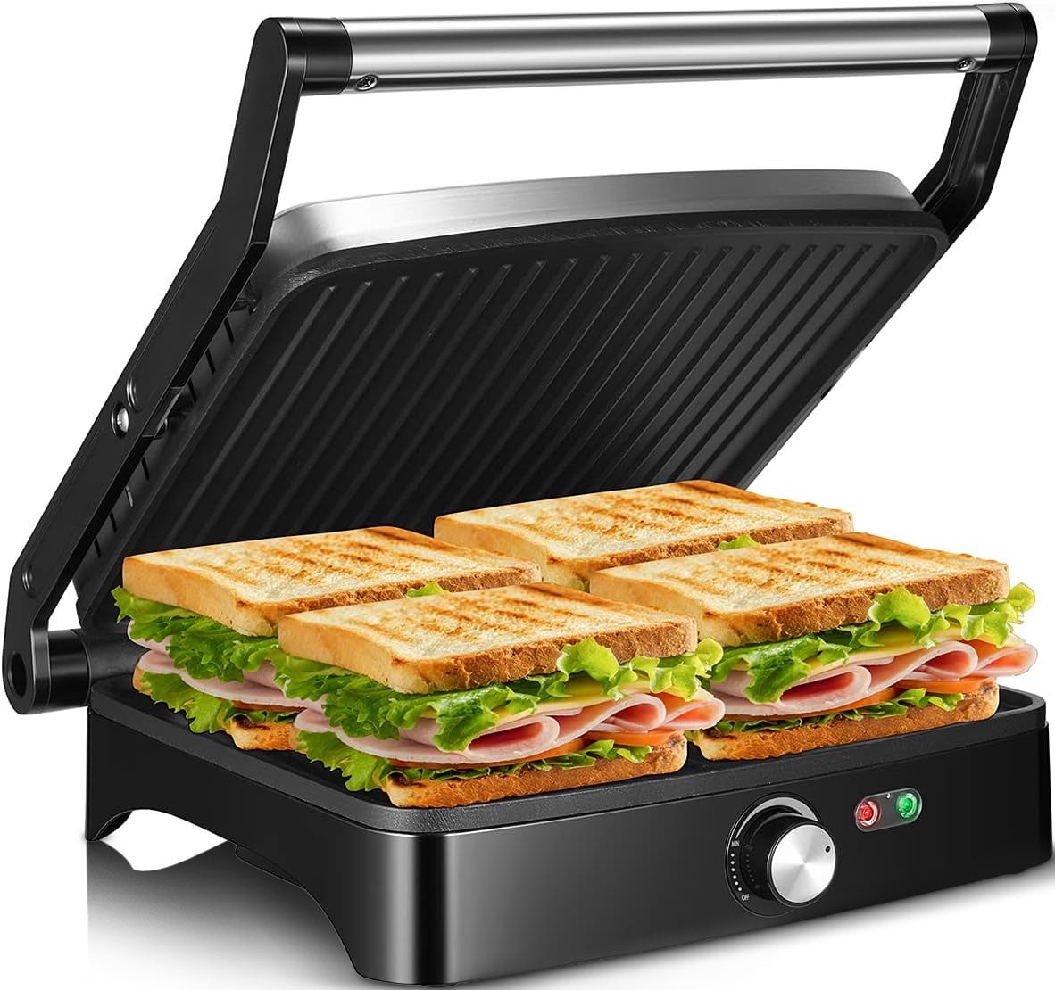 OSTBA Panini Press Grill Indoor Grill Sandwich Maker with Temperature Control, 4 Slice Non-stick Versatile Grill, Opens 180 Degrees to Fit Any Type or Size of Food, Removable Drip Tray