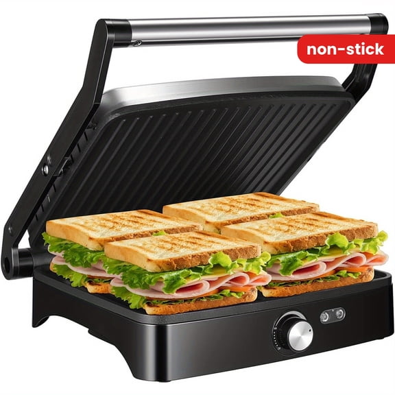 OSTBA Panini Press Grill, Indoor Sandwich Maker with Temperature Setting, Non-Stick Versatile Grill Opens 180 Degrees, 4 Slice Large, Removable Drip Tray, 1200 W