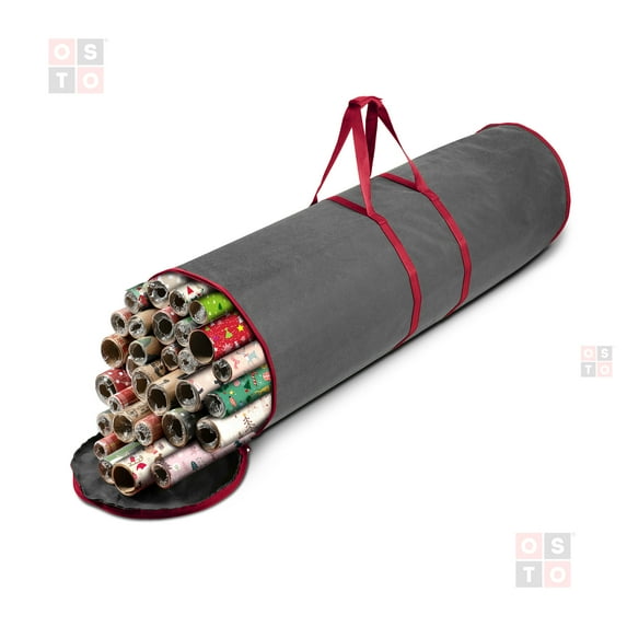 OSTO Round Holiday Non-Woven Cylinder-Shaped Gift Wrap Storage Bag Organizer Holder Fits 14-20 Rolls (Gray)
