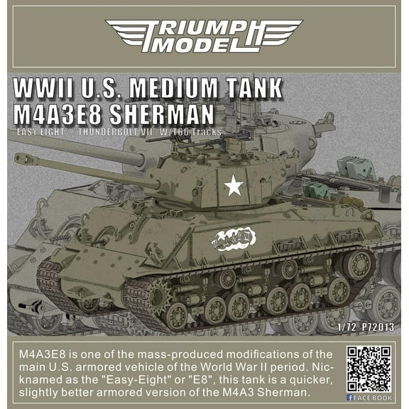 OSTRICH Models P72013 1/72 U.S. Medium Tank M4A3E8 Sherman "Easy Eight" "Thunderbolt VII".w/ T66 Tracks