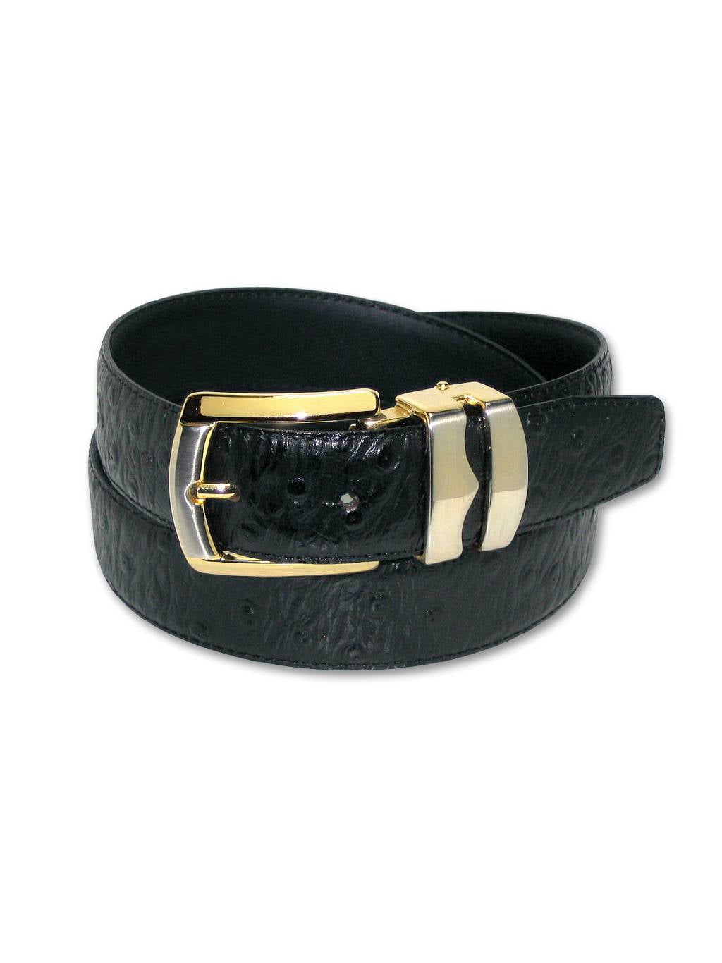 OSTRICH Pattern BLACK Color BONDED Leather Men's Belt Gold-Tone Buckle ...