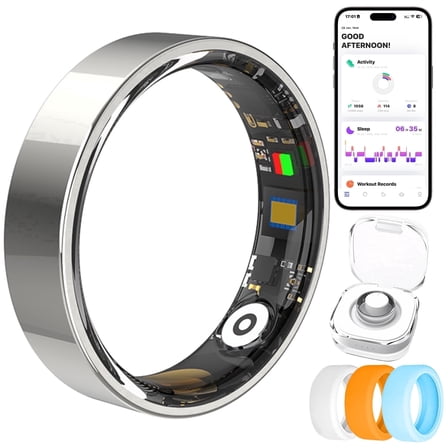 OSWALLA Health & Fitness Tracking Ring, 7-Day Battery, Heart Rate Sleep Monitor, No Subscription, IP68 Waterproof, Stainless Steel - Size 9, Silver