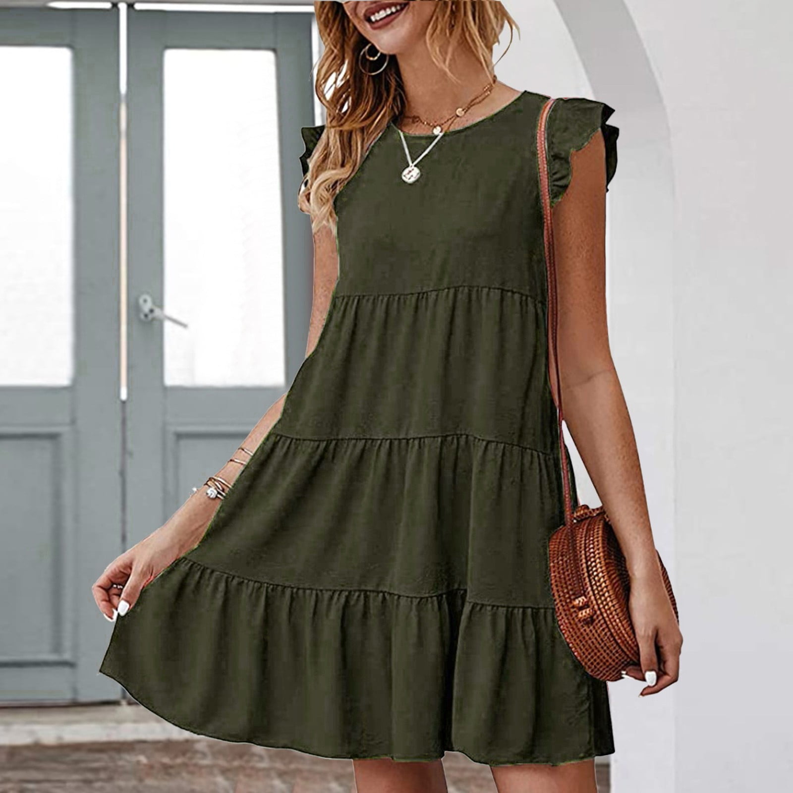 OSYARD Women'S Solid Color Round Neck Short Sleeve Casual Cake Dress