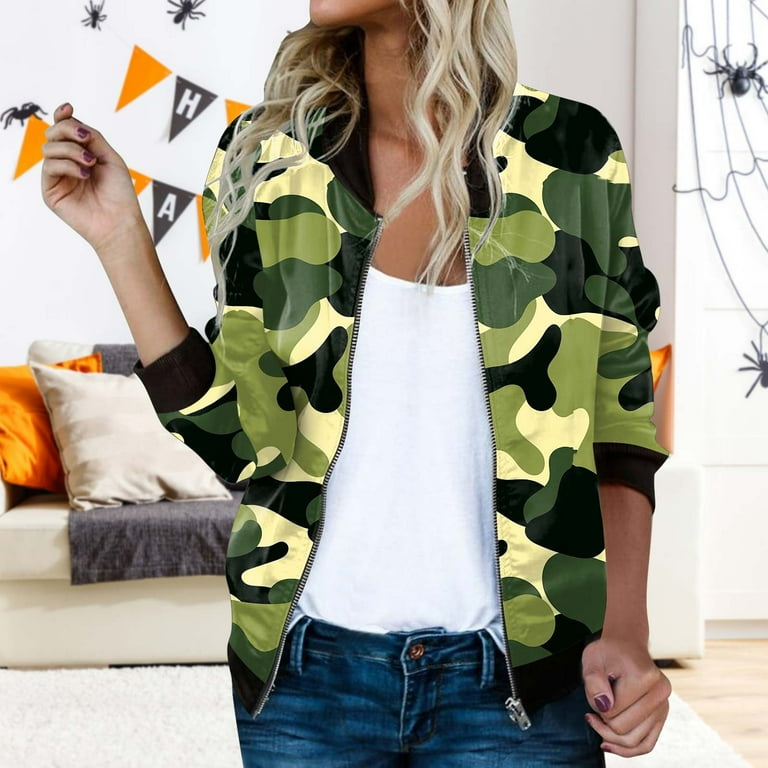 OSYARD Womens Casual Daily Jackets Lightweight Zip Up Casual Jacket Camouflage Print Coat Stand Collar Short Sports Outerwear Zipper Tops