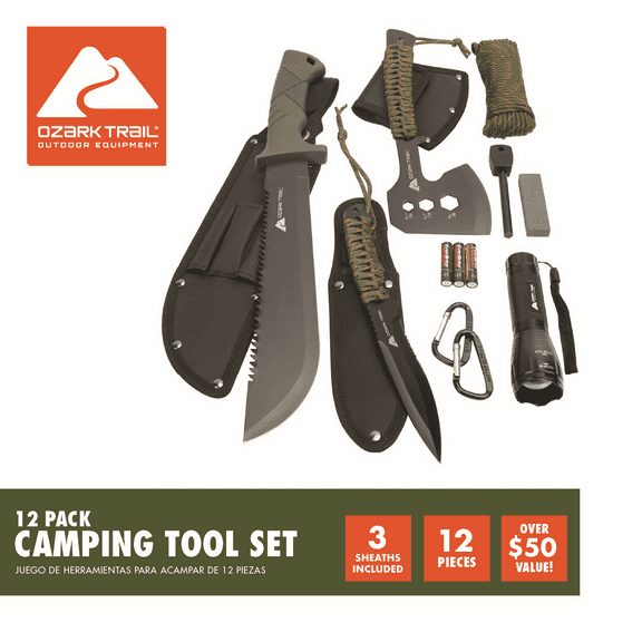Ozark Trail Camping Tool Set, 12 Piece, Includes Flashlight, Machete, Knife, Outdoor Gear Kit