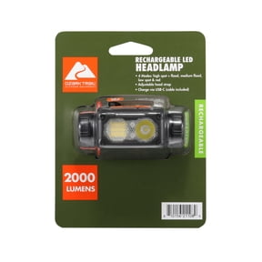 Ozark Trail LED Rechargeable Headlamp, 2000 Lumens, 4 Modes, IPX4 Water Resistant, 8 Hour Runtime