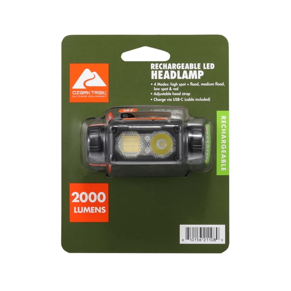 Ozark Trail Rechargeable LED Headlamp, 2000 Lumens, 4 Modes, Water Resistant