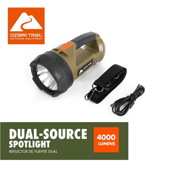 Ozark Trail LED 4000 Lumen Dual Source Rechargeable Flashlight, with 5000 mAh Power Bank, Olive