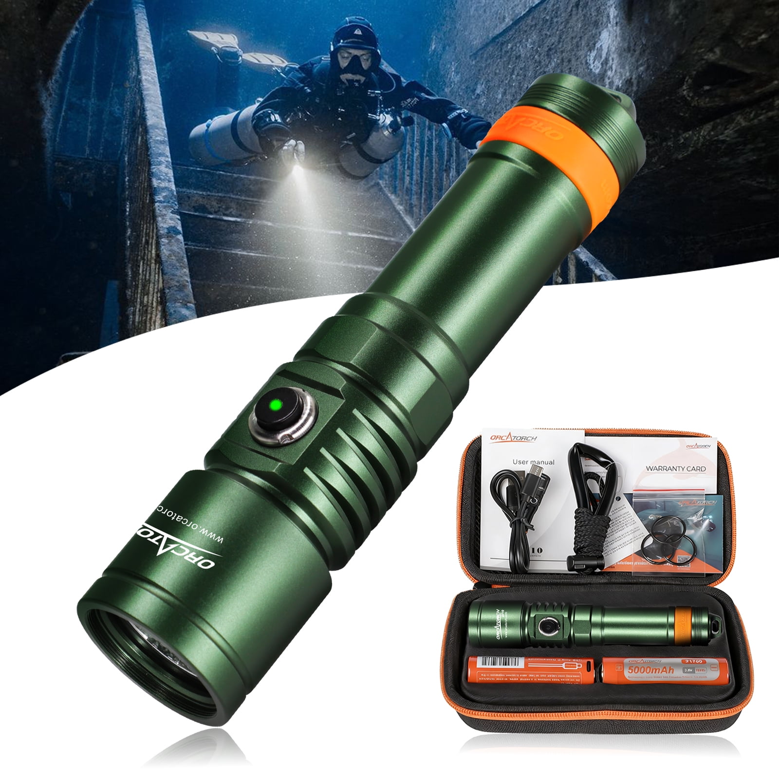 ORCATORCH D710 Scuba Diving Light, 3000 Lumens Super Bright Underwater Flashlight with 6 Degrees Narrow Beam, IP68 Waterproof Night Dive Torch 150 Meters Submersible Light (Green)