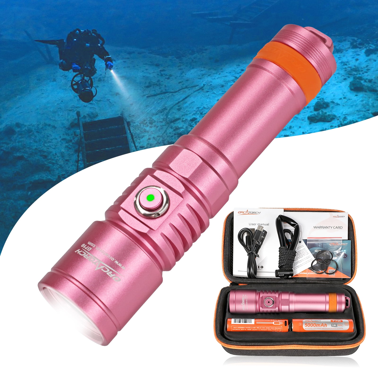 ORCATORCH D710 Scuba Diving Light, 3000 Lumens Super Bright Underwater Flashlight with 6 Degrees Narrow Beam, IP68 Waterproof Night Dive Torch 150 Meters Submersible Light (Pink)