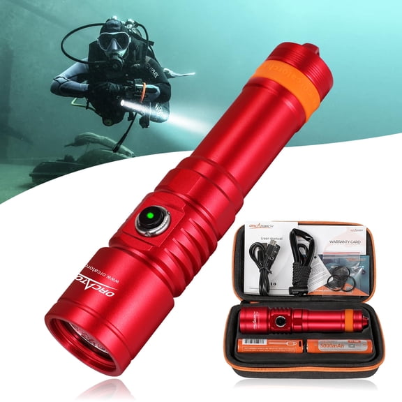 ORCATORCH D710 Scuba Diving Light, 3000 Lumens Super Bright Underwater Flashlight with 6 Degrees Narrow Beam, IP68 Waterproof Night Dive Torch 150 Meters Submersible Light (Red)