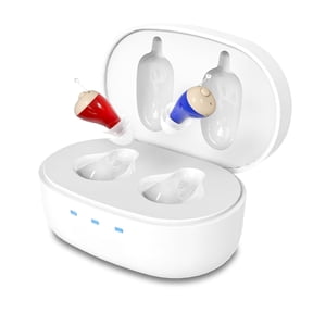 OTC Hearing Aids for Seniors, Nearly Invisible Rechargeable Hearing Aids, 100+ Hours of Charging Case Usage, Super-Mini Invisible Design, Comfort Fit in Ear Canal, AI Noise Cancellation and Clear Sou