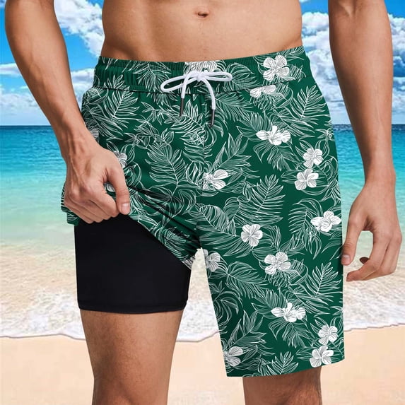 OTCEE Men's Printed Pocket Double-Layer Beach Shorts - Elastic Drawstring Swim Trunks, Casual Summer Swimwear
