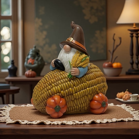 OTDECOR - 1-Piece Autumn Goblin Statue Corn Cart with Pumpkin Wheels Charming Fall Resin Decor Thanksgiving Party Home & Outdoor Decor