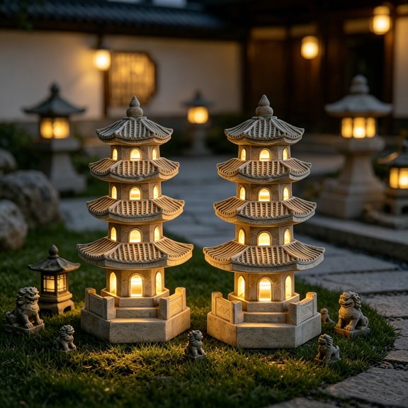 OTDECOR 2PC Resin Solar Pagoda Outdoor Statue Lamp, Decorative Zen Garden Statue with Solar Lantern, Practical