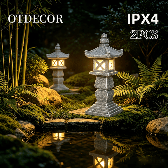 OTDECOR Zen Oriental Garden Outdoor Statues Light,2PC IPX4 Waterproof Meditation Pagoda Garden Statue with Solar Light Outdoor,Serene Zen Pagoda Statue for Patio